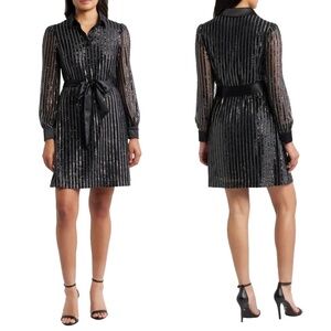 NEW Eliza J Black SEQUIN STRIPE Long Sleeve BELTED Party COLLARED Shirt DRESS 16